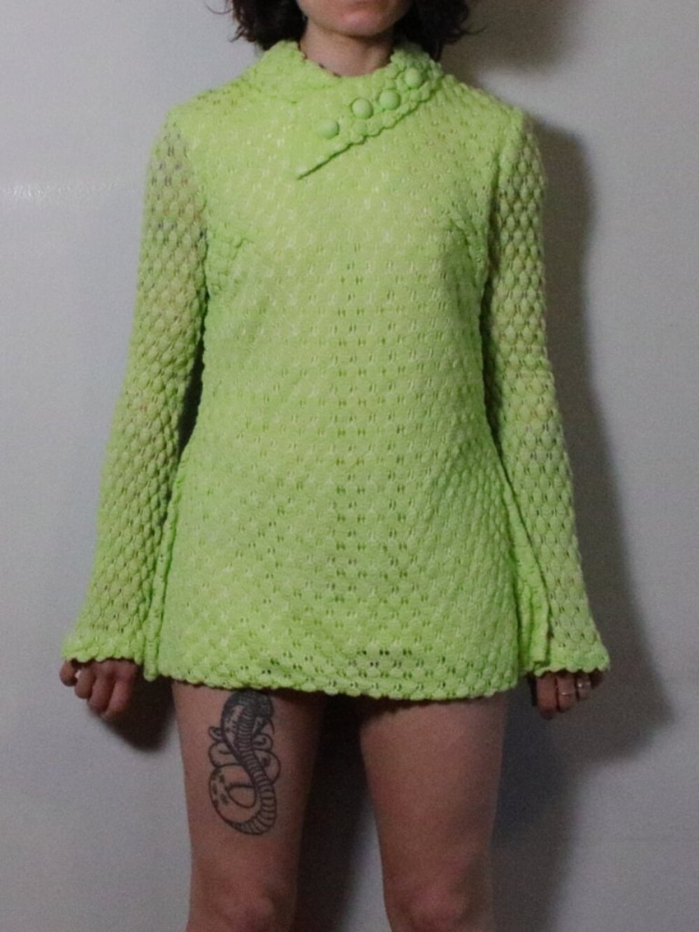 Vintage 70s Handmade Vibrant Green Lace Tunic Top XS/S